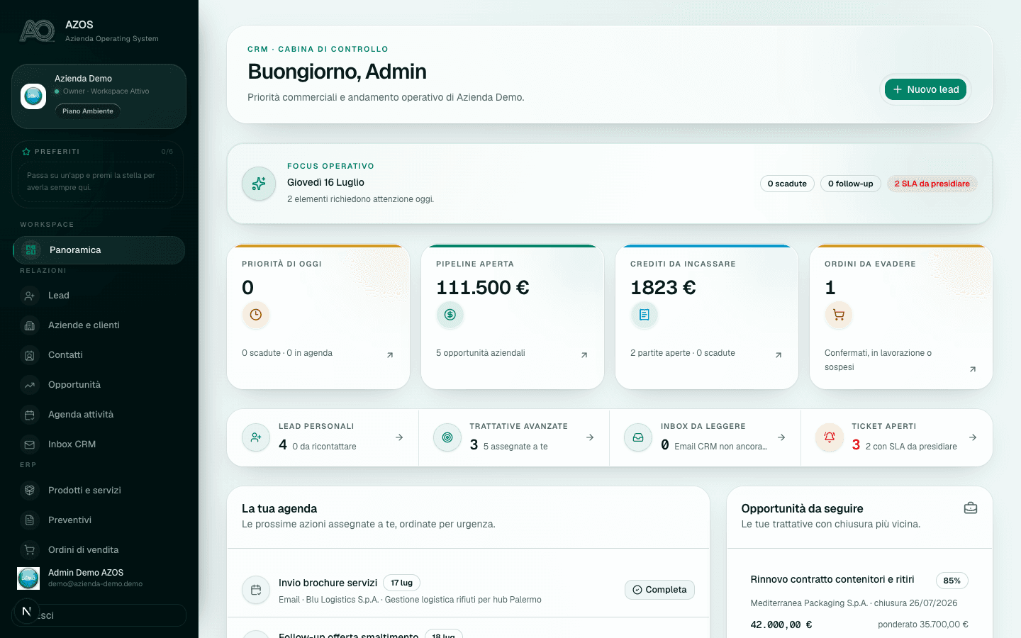 Dashboard CRM di AZOS con pipeline, agenda e metriche operative